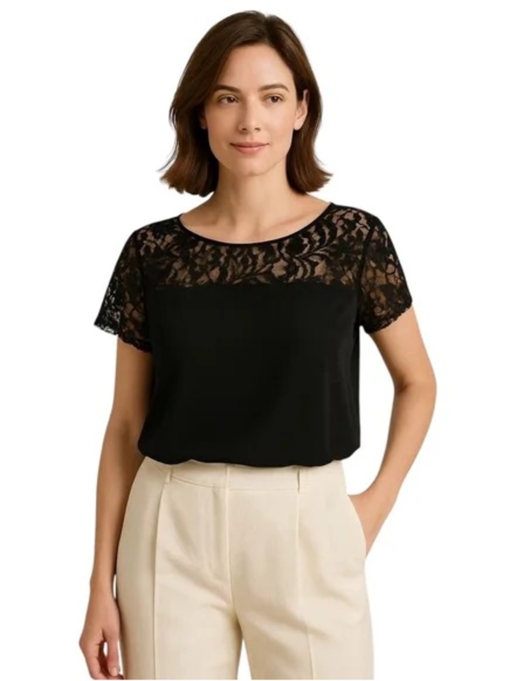 Anthropologie Maeve Lace Yoke Short Sleeve Top - Black Medium M